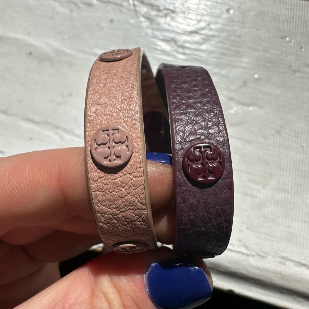 Tory Burch dual tone logo leather wrap bracelet